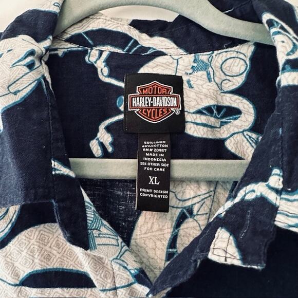 Harley Davidson Motorcycle Button Shirt Hawaiian Men XL Navy/White/Gray All Over - Picture 2 of 7